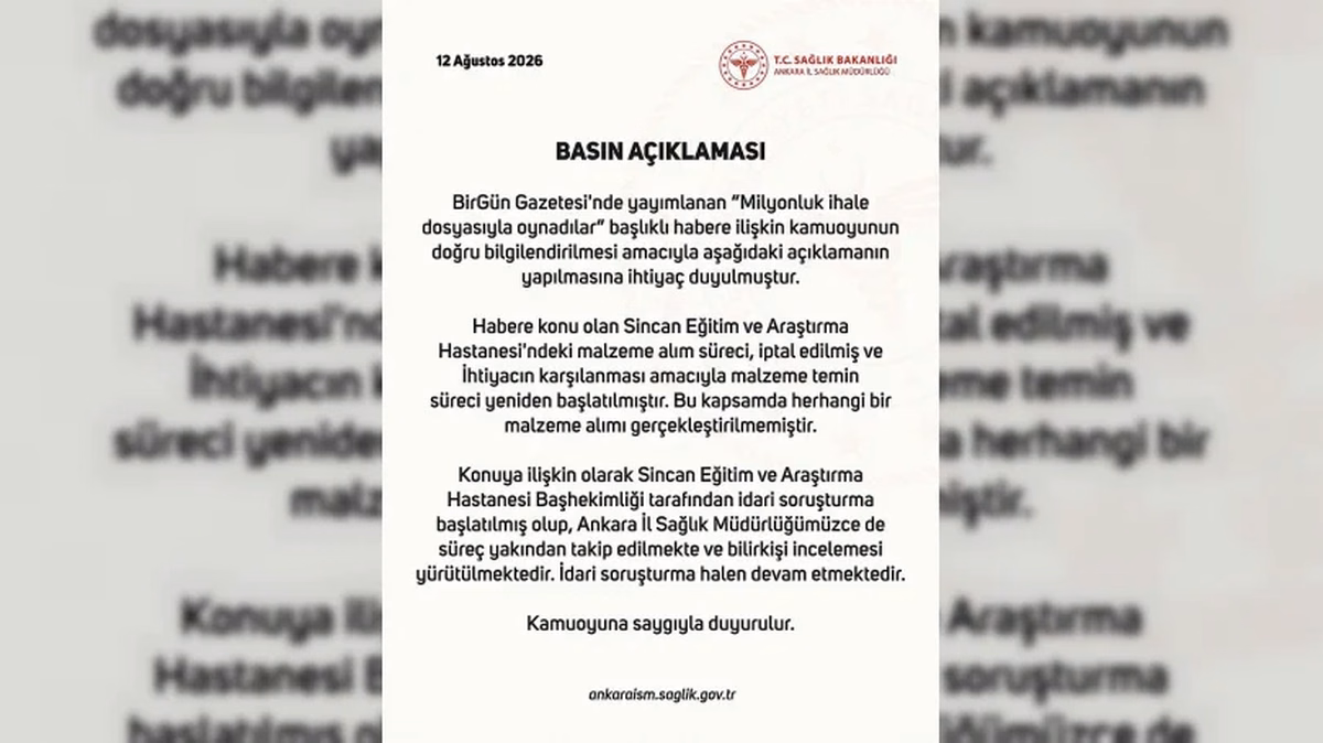 Ankara İl Sağlık Müdürlüğü'nden Sincan Hastanesi İhalesi Açıklaması