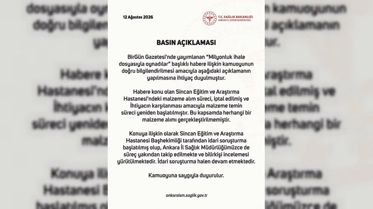 Ankara İl Sağlık Müdürlüğü'nden Sincan Hastanesi İhalesi Açıklaması