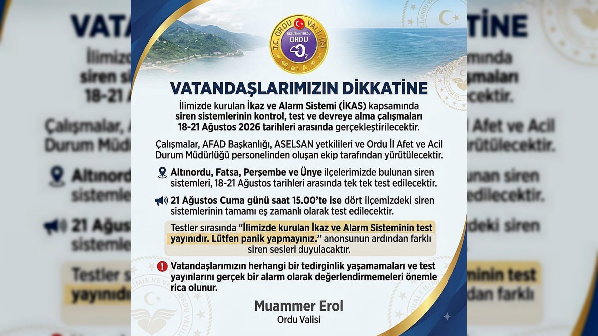 Ordu Valiliği'nden İkaz ve Alarm Sistemi Test Duyurusu