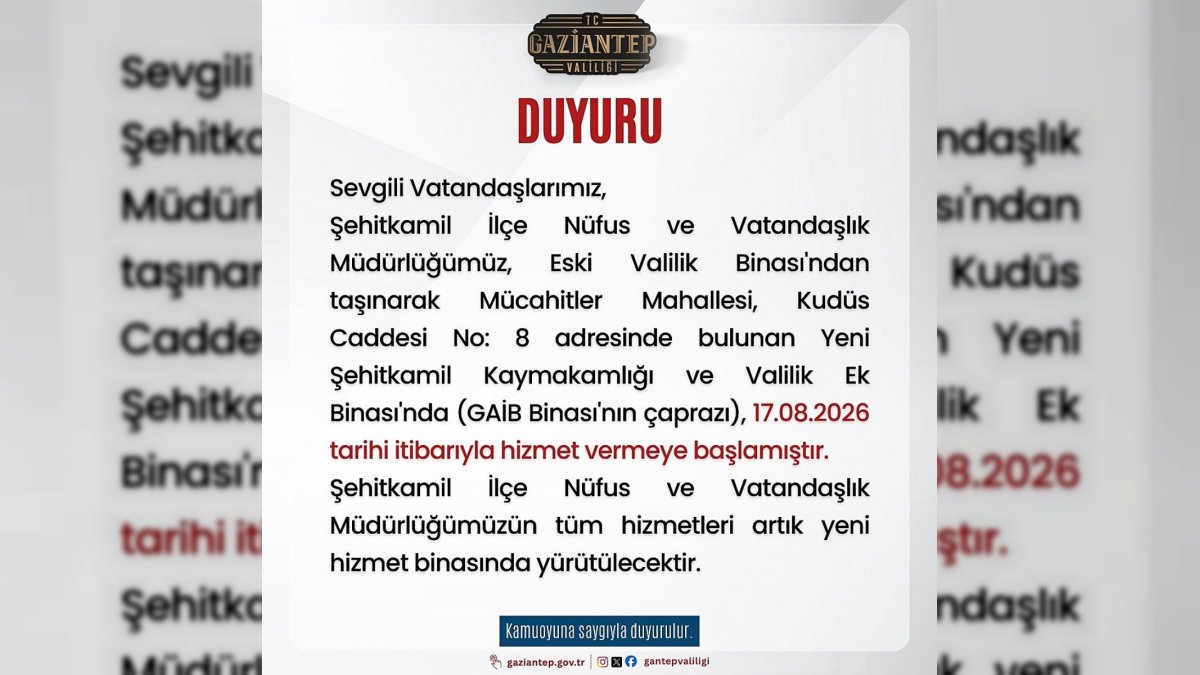 Şehitkamil İlçe Nüfus Müdürlüğü Yeni Hizmet Binasına Taşındı