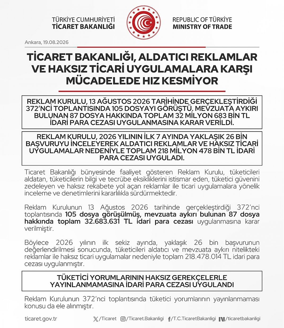 Ticaret Bakanlığı'ndan Aldatıcı Reklam ve Haksız Ticari Uygulamalara Ağır Ceza