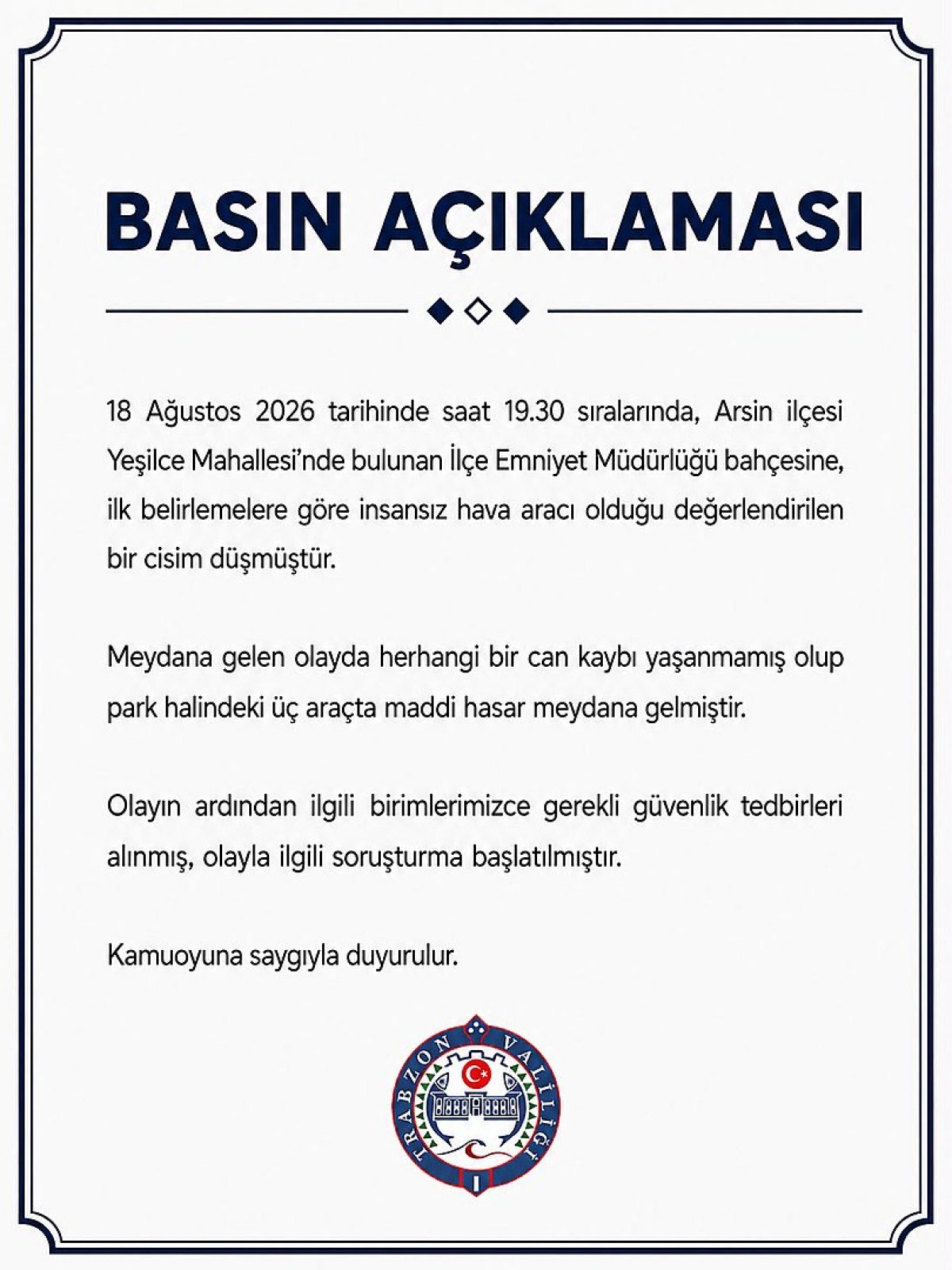 Trabzon Arsin Emniyet Müdürlüğü Bahçesine İHA Düştü