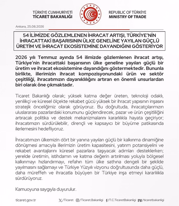 Ticaret Bakanlığı Duyurdu: 2026 Temmuz Ayında Cumhuriyet Tarihinin İhracat Rekoru Kırıldı - Görsel 3