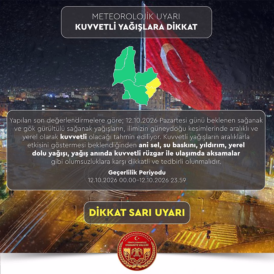 Osmaniye İçin Sağanak Yağış Uyarısı Yapıldı